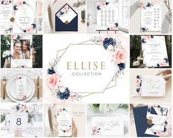 Navy Blush Floral Wedding Invitation Template Set (Digital Download)