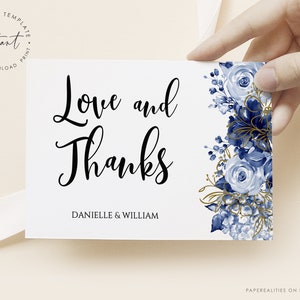 Blaue Blumen Hochzeit Dankeskarte Vorlage, druckbare Hochzeit Dankeskarte, bearbeitbare Hochzeit Dankesnotiz Blaue und weiße Hochzeit, ELIZA