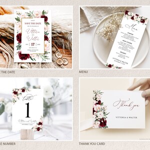 K&ouml;nnte beinhalten: Ein Set Hochzeitsschriftgut mit einem burgunderfarbenen und rosafarbenen Blumendesign. Das Set enth&auml;lt eine Save-the-Date-Karte, eine Speisekarte, eine Tischnummernkarte und eine Dankeskarte. Die Karten zeigen ein Aquarell-Blumendesign mit burgunderfarbenen Rosen, rosafarbenen Pfingstrosen und Gr&uuml;n.