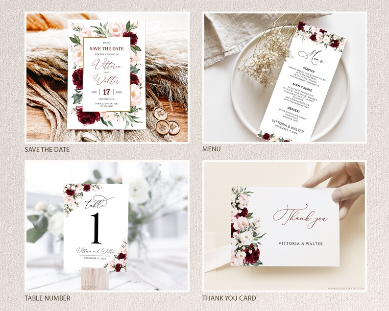K&ouml;nnte beinhalten: Ein Set Hochzeitsschriftgut mit einem burgunderfarbenen und rosafarbenen Blumendesign. Das Set enth&auml;lt eine Save-the-Date-Karte, eine Speisekarte, eine Tischnummernkarte und eine Dankeskarte. Die Karten zeigen ein Aquarell-Blumendesign mit burgunderfarbenen Rosen, rosafarbenen Pfingstrosen und Gr&uuml;n.