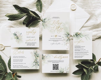 Greenery Wedding Invitation Template: Minimalist Faux Gold (Digital Download)