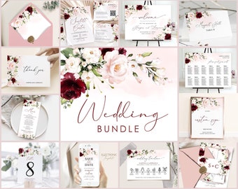 Floral Wedding Invitation Suite: Burgundy Blush Template Bundle (Digital Download)
