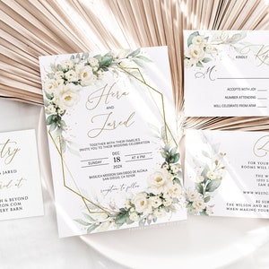 White Floral Wedding Invitation Template Suite (Digital Download)