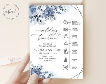 AUDREY - Dusty Blue Wedding Itinerary Template, Bruiloft Tijdlijn Sjabloon, Schema van Evenementen, Bewerkbare Bruiloft Agenda, Trouwdag Schema