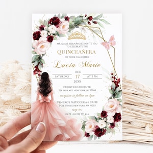 Burgundy Floral Quinceañera Invitation Template (DIY Editable)