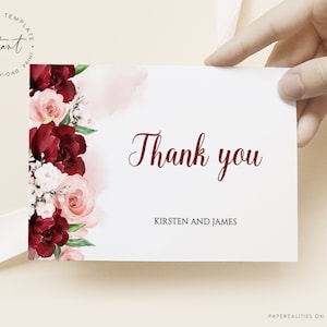 KIRSTEN - Danksagungskarte zum Ausdrucken, Hochzeit Dankeskarte, Dankeskarte, Dankeskarte mit roten und pinken Blumen