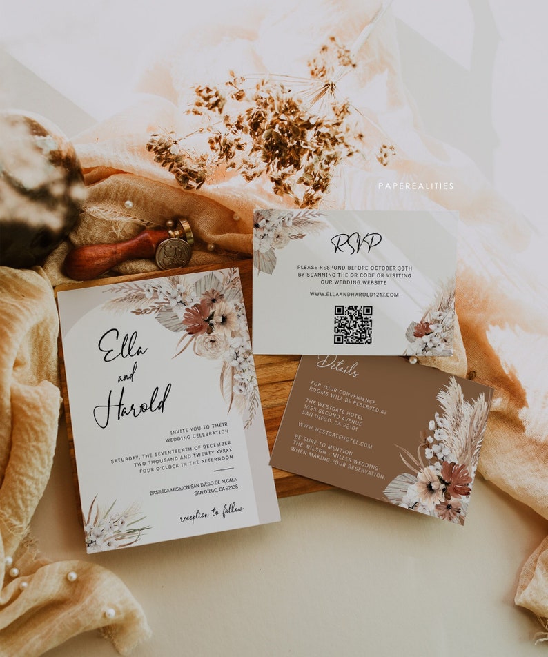 Boho Arch Wedding Invitation Template Champagne Terracotta Wedding Invite Printable Invitation Details RSVP QR Code Fall Wedding Invite ELLA image 1