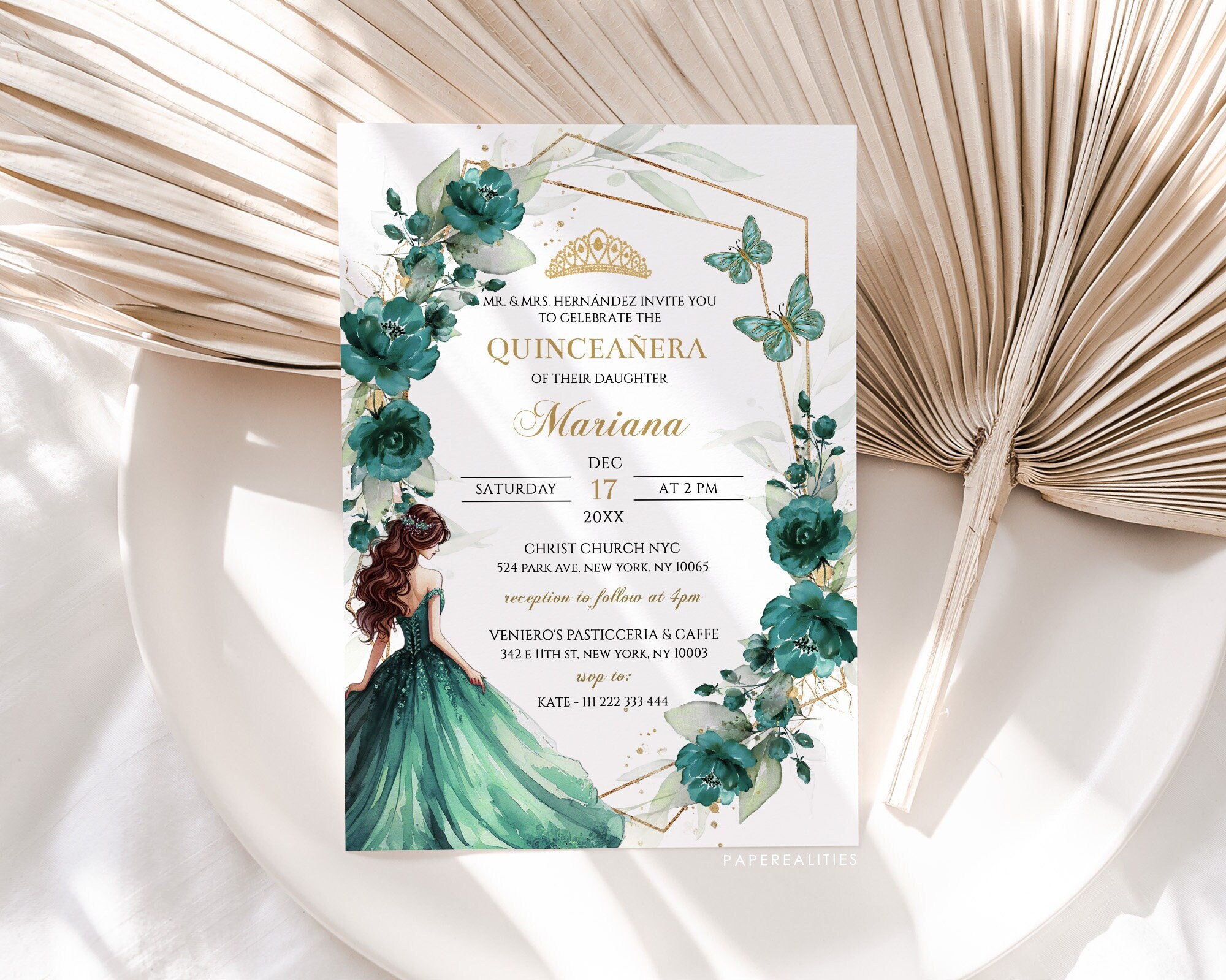 エメラルド グリーンの花キンセアニェーラの招待状テンプレート (DIY