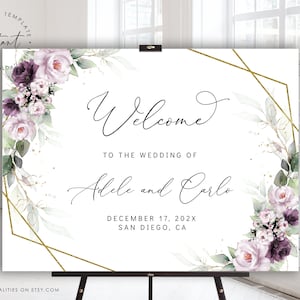 ADELE - Wedding Welcome Sign Template, Purple Lilac Wedding Welcome Sign Template, Editable Wedding Sign, Printable Welcome Sign Wedding
