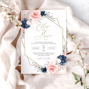 Navy Blue and Blush Wedding Invitation Template (Digital Download)