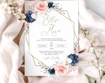 Navy Blue and Blush Wedding Invitation Template (Digital Download)
