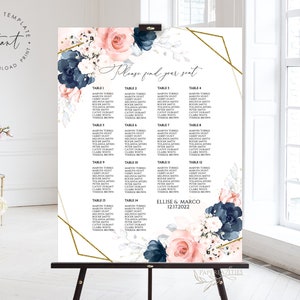 ELLISE- Navy and Blush Seating Chart Template, Geometric Floral Seating Chart, Wedding Seating Chart Template, Guest List Planner, Seat Plan