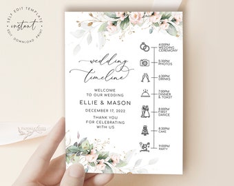 ELLIE - Greenery Blush Wedding Agenda Template, Wedding Timeline Template, Sage Blush Agenda, Wedding Party Timeline Wedding Day Schedule