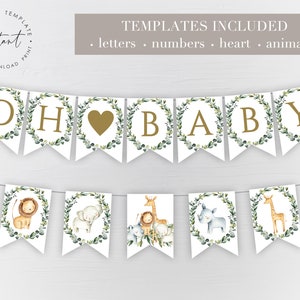 Baby Shower Banner Jungle Safari Template, Printable Banner with Eucalyptus, Jungle Safari Baby Shower Banner, Greenery Safari Baby Shower