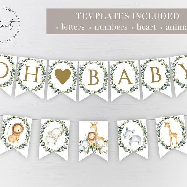 Baby Shower Banner Dschungel Safari Vorlage, Druckbares Banner mit Eukalyptus, Dschungel Safari Baby Shower Banner, Greenery Safari Baby Shower