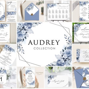 Dusty Blue Floral Wedding Invitation Bundle (Digital Download)