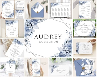 Dusty Blue Blumenhochzeitseinladungs-Paket (Digitaler Download)