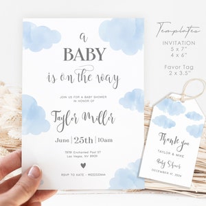 Cloud Baby Shower Invitation Template Blue Baby Shower Invite Baby Is On The Way Baby Boy Editable Invitation Instant Download Corjl, PB21