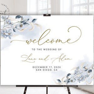 LANA -  Wedding Welcome Sign Template in Dusty Blue, Printable Editable Welcome Sign, Dusty Blue Welcome Sign, Dusty Floral Welcome Poster