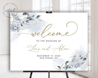 Modèle de plaque de bienvenue pour mariage floral bleu poussiéreux (téléchargement numérique)