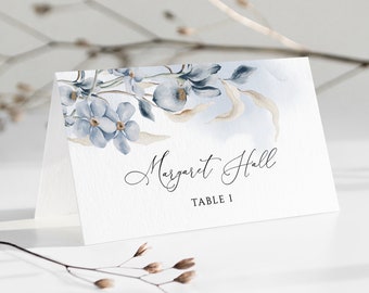 LANA - Dusty Blue Place Card Template, Editable Wedding Place Card, Dusty Floral Wedding Place Card Tent Type Flat Bridal Shower Name Card
