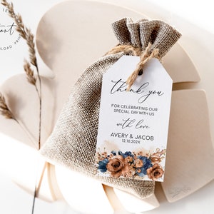 Floral Wedding Favor Tag Template: Terracotta & Navy (Digital Download)