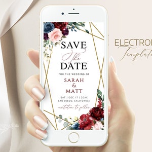 Burgunder Blumen Smartphone Save the Date Einladungsvorlage (digitaler Download)