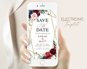 SARAH - Burgundy Navy Smartphone Save the Date Evite Template, Blush Save the Date Evite, Electronic Save the Date, Digital Save the Date