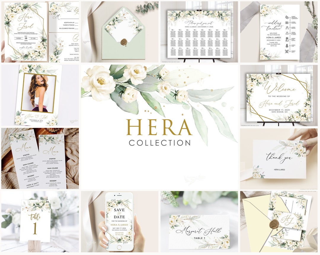 HERA White Floral Wedding Bundle Template, Large Wedding Bundle, Wedding Invitation Suite ...