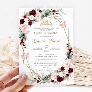 Burgundy Floral Quinceañera Invitation Template (DIY Editable)