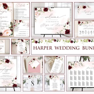 Burgundy Blush Floral Wedding Invitation Template Bundle (Digital Download)