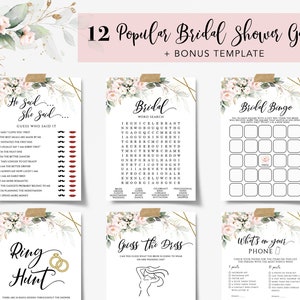 ELLIE - Bridal Shower Games Template Bundle, Printable Editable Bridal Shower Games, Blush Pink Bridal Party Games, Wedding Shower Games