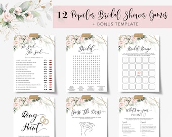 Blush Pink Bridal Shower Games Bundle: 12 Printable Templates (Digital Download)
