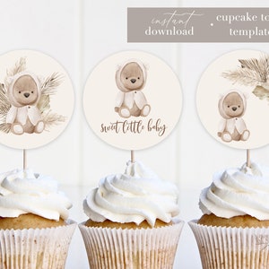 Bear Baby Shower Cupcake Toppers Template, Printable Teddy Bear Cupcake Toppers, Gender Neutral Baby Shower Cupcake Topper, Boho Baby Shower