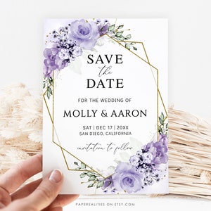 MOLLY - Lavender Wedding Save the Date Template, Floral Save The Date Invite, Lilac Floral Save the Date Card, Editable Save the Date Purple