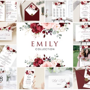 Burgundy Floral Wedding Invitation Template Set (Digital Download)
