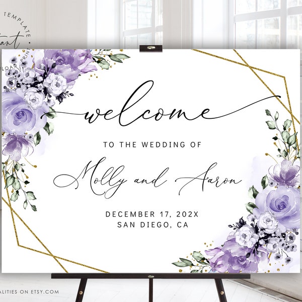 MOLLY - Lilac Florals Wedding Welcome Sign Template, Lavender Lilac Welcome Sign Poster, Printable Welcome Sign, Landscape Welcome Poster