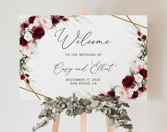 Burgundy Floral Wedding Welcome Sign Template (Digital Download)