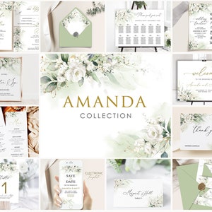 White Floral Wedding Invitation Bundle: Greenery Template (Digital Download)