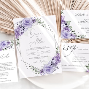 OCEAN - Lavender Lilac Silver Wedding Template Download, Lilac Wedding Invitation, Floral Wedding Invitation Template Purple Wedding Invites