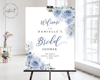 Bridal Shower Sign Template, Dusty Blue Bridal Shower, Editable Bridal Shower Welcome Sign, Dusty Blue Floral Bridal Shower Sign, DANIELLE