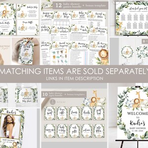 K&ouml;nnte beinhalten: Ein Set mit druckbaren Babyparty-Dekorationen mit Dschungeltier-Motiv. Die Dekorationen beinhalten ein Willkommens-Schild, einen Sitzplan, Wasserflaschenetiketten und Spielkarten. Die Farben sind Gr&uuml;n, Braun und Gold.