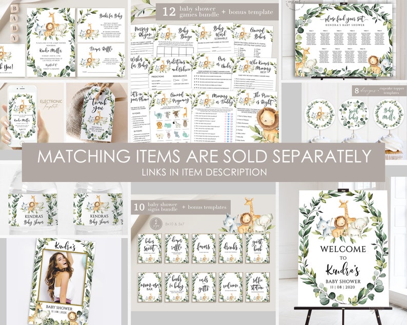 K&ouml;nnte beinhalten: Ein Set mit druckbaren Babyparty-Dekorationen mit Dschungeltier-Motiv. Die Dekorationen beinhalten ein Willkommens-Schild, einen Sitzplan, Wasserflaschenetiketten und Spielkarten. Die Farben sind Gr&uuml;n, Braun und Gold.