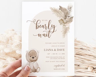 Boho Bear Baby Shower Invitation Template Gender Neutral Baby Shower Invite Printable Editable We Can Bearly Wait, Instant Download Corjl