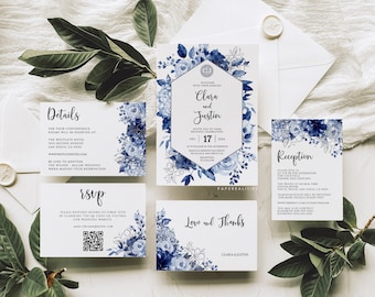 Blue Floral Wedding Invitation Suite: Editable Template (Digital Download)