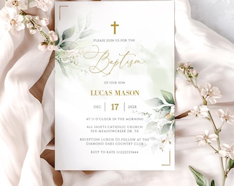 Sage Green Baptism Invitation Template: Catholic Christening Invite (Editable Printable)