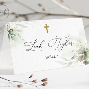Doopplaatskaart Sjabloon, Doopplaatskaart, Groendoop, Saliegroen Goud, Bewerkbare Plaatskaart Tent Type Flat Place Card, BC32