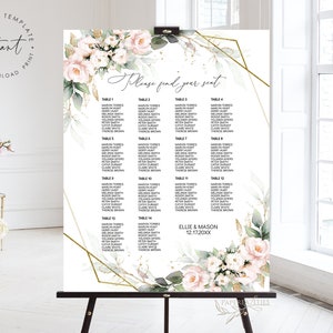 ELLIE - Seating Chart Template, Greenery Blush Wedding Seating Chart, Find Your Seat, Seat Plan, Seating Chart, Guest List, Reception Poster