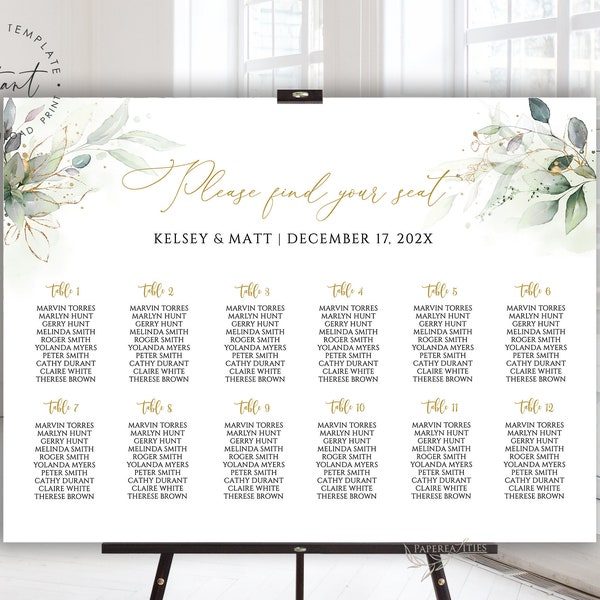 KELSEY - Minimalist Greenery Wedding Seating Chart Template, Green & Gold Wedding Seating Chart, Editable Seating Chart, Seating Chart Sign