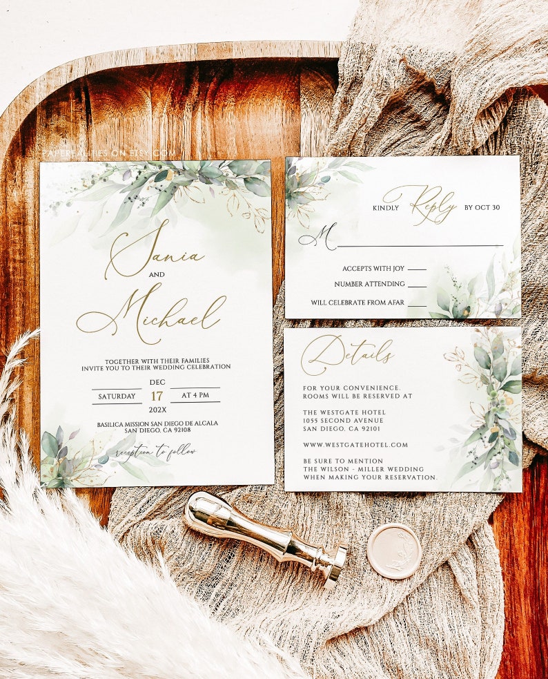 Sage Green Wedding Invitation Template: Editable Floral Gold (digital ...